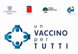 Logo iniziativa "Un vaccino per tutti" di confindustria Brescia con Cgil, Cisl e Uil provinciali