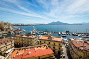 Naples, Campania, Italy. View of the bay, sea and Mount Vesuvius Volcano as a background