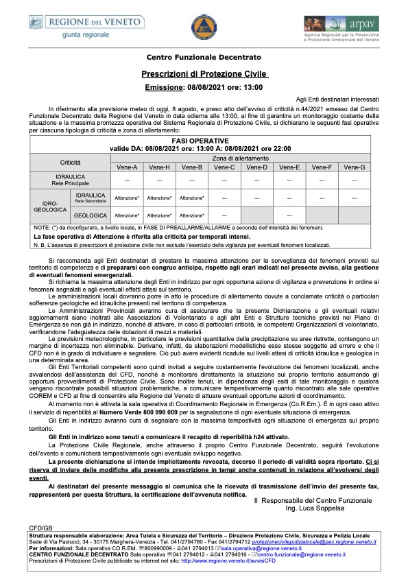 Prescrizioni di Protezione Civile Emissione: 08/08/2021 ore: 13:00