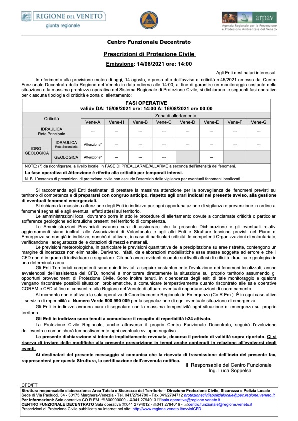 Prescrizioni di Protezione Civile Emissione: 14/08/2021 ore: 14:00