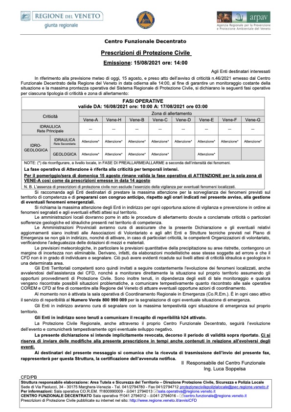 Prescrizioni di Protezione Civile Emissione: 15/08/2021 ore: 14:00