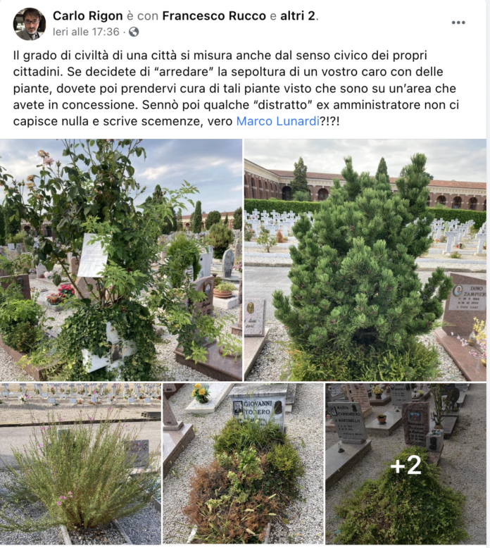 Post di Carlo Rigon contro Marco Lunardi sui cimiteri di Vicenza
