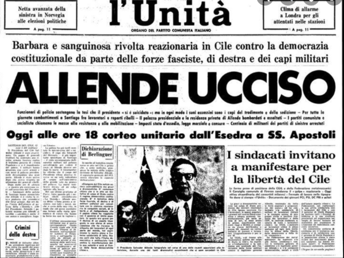 La notizia su l?unità del colpo di Stato in Cile e dell'uccisione di Salvador Allende l'11 settembre 1973