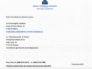 Frontespizio lettera BCE su testimonianze suoi ispettori al processo Veneto Banca
