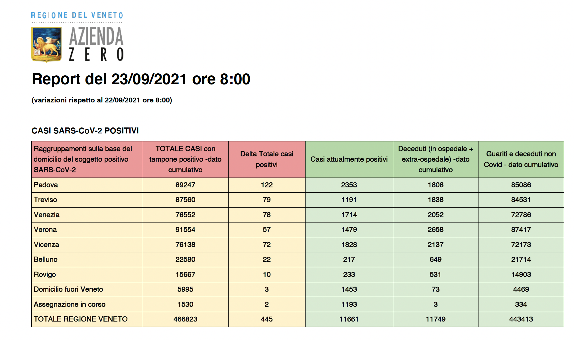 report Veneto Covid per province