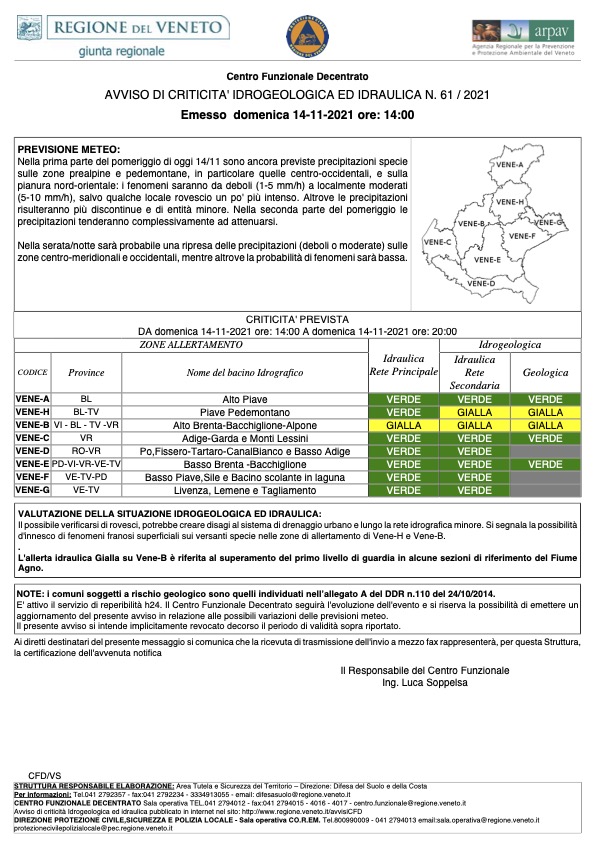 AVVISO DI CRITICITA' IDROGEOLOGICA ED IDRAULICA N. 61 / 2021 Emesso domenica 14-11-2021 ore: 14:00