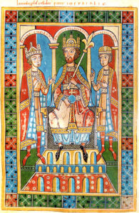 Federico I Barbarossa tra i suoi figli, Enrico e Federico. Miniatura tratta dalla Historia Welforum (1179-91), Fulda, Landesbibliotek.