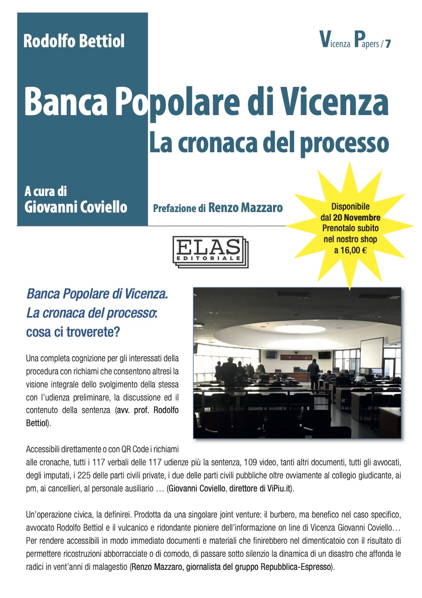 Locandina annuncio Banca Popolare di Vicenza. La cronaca del processo