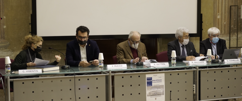 "Banca Popolare di Vicenza. La cronaca del processo", alla presentazione da sinistra Visentin, Rucco, Bettiol, Mazzaro e Coviello