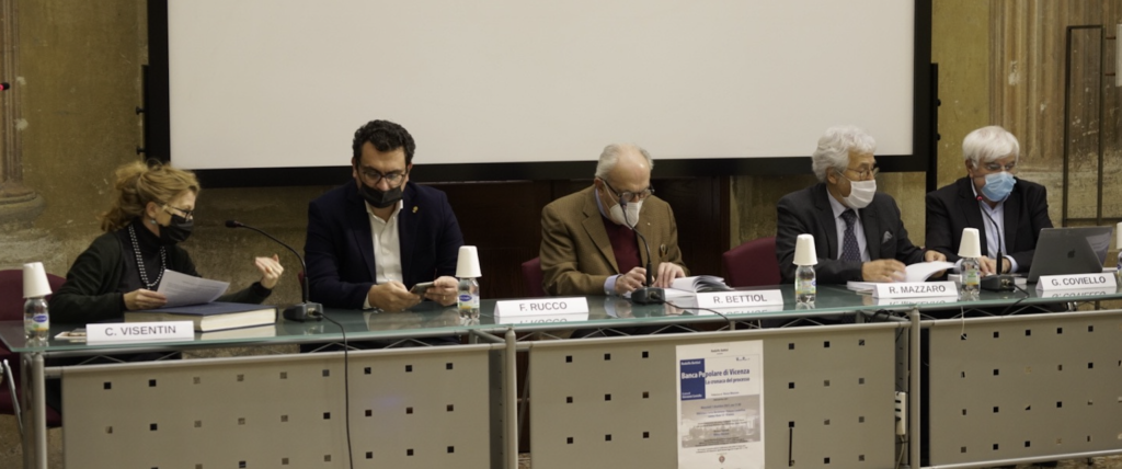 Banca Popolare di Vicenza. La cronaca del processo, alla presentazione presso la Bertoliana da sinistra Visentin, Rucco, Bettiol, Mazzaro e Coviello