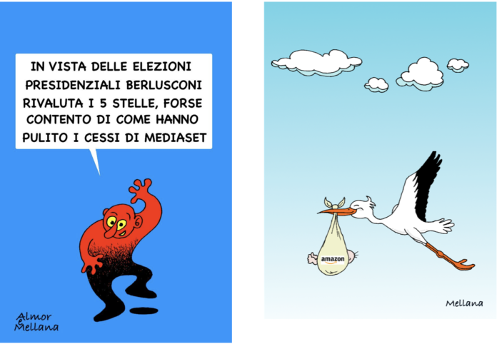 Giornali contro no vax, Berlusconi pro 5S e Amazon cicogna: by Claudio Mellana e Almor