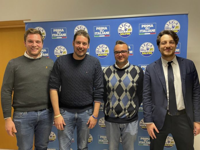 Da sx Edoardo Bonato, l’on. Luca Toccalini, Marco Angelini e l'on. Alberto Stefani (Lega e Lega Giovani Vicenza)