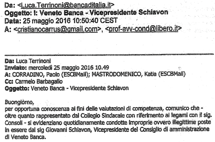 Frontespizio mail di Luca Terrinoni a BCE, Barbagallo (Bankitalia) e Condemi (presidente collegio sindacale Veneto Banca)