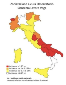 Zonizzazione a colori elaborata dall’Osservatorio Sicurezza sul lavoro Vega Engineering di Mestre