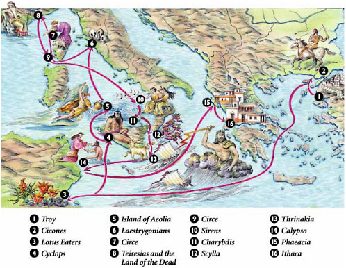 Cartina del viaggio di Ulisse.