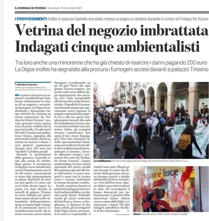 fridays for future Vicenza vetrina ENI imbrattata articolo GDV