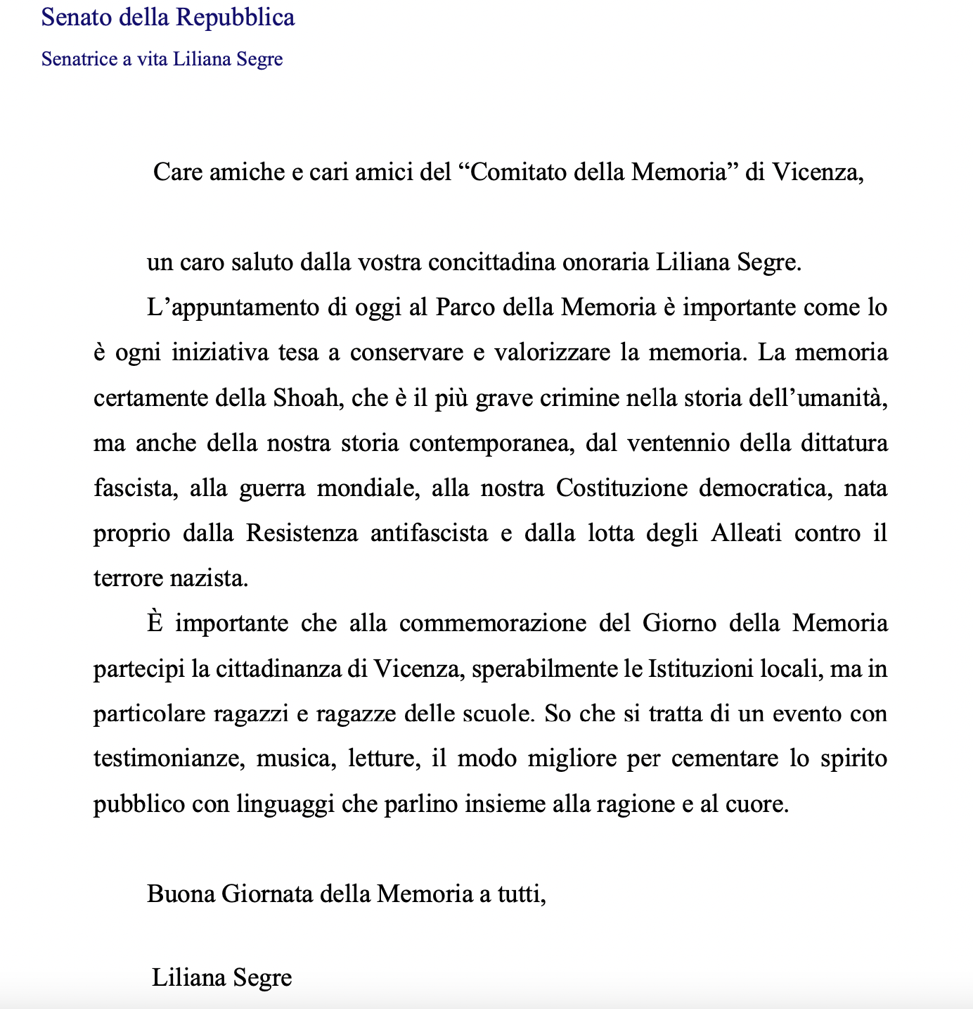Il messaggio della cittadina onoraria di Vicenza, senatrice a vita Liliana Segre