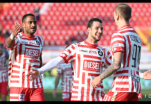 Le dichiarazioni al termine di LR Vicenza-Ternana di mister Cristian Brocchi, Davide Diaw e Michele Cavion Brocchi guarda da fuori Diaw e Cavion che festeggiano Teodorczyk