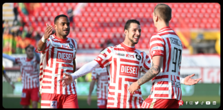 Le dichiarazioni al termine di LR Vicenza-Ternana di mister Cristian Brocchi, Davide Diaw e Michele Cavion Brocchi guarda da fuori Diaw e Cavion che festeggiano Teodorczyk