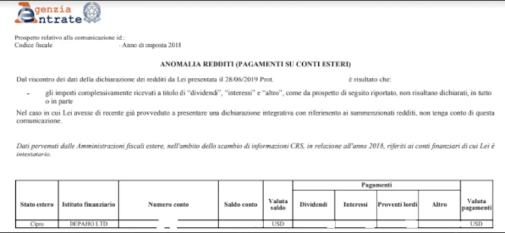 Anomaloa redditi (pagamenti su conti esteri)