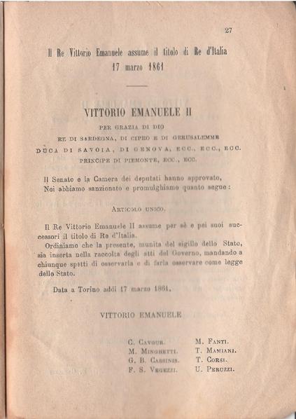 Il re Vittorio Emanuele assume il titolo di Re d'Italia - 17 marzo 1861 (immagine da Wikipedia)