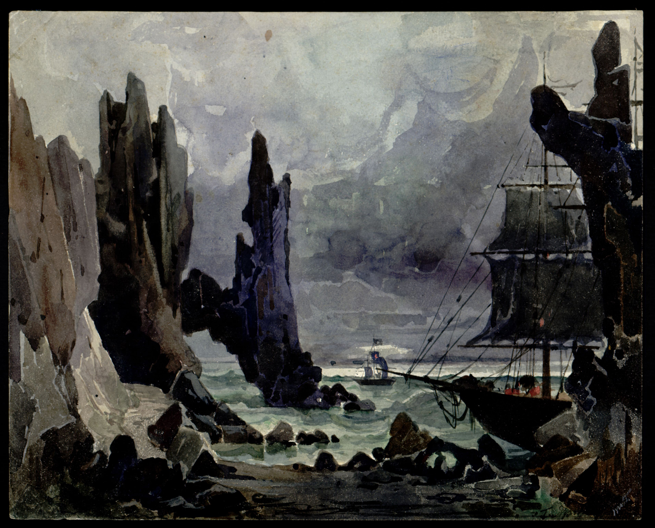 "Una riva circondata da rocce", bozzetto di Tito Azzolino per L'Olandese Volante, Atto I, di Wagner (1878).