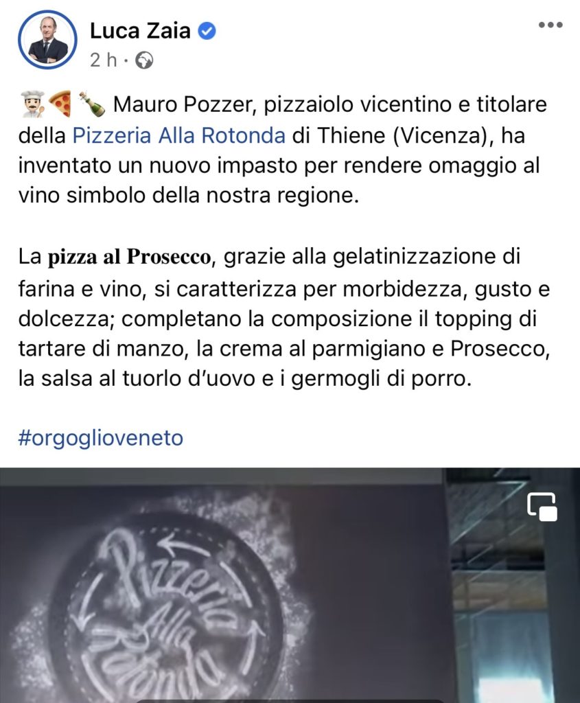 Nuvola al prosecco, la pizza al prosecco a Thiene e il post di Luca Zaia