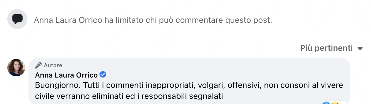 Rappresaglia social dell'on Anna Laura Orrico verso i suoi amici che non avrebbero rispettato il vivere civile...