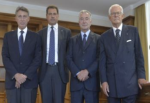 Processo d’appello BPVi 24 giugno: collimano dichiarazioni vice dg Marin e Giustini. Vice pres. Monorchio e Breganze: “baciate erano nascoste” Processo d'appello BPVi: da sinistra Marino Breganze, Samuele Sorato, Gianno Zonin (presidente) e Andrea Monorchio (vice) - foto di archivio