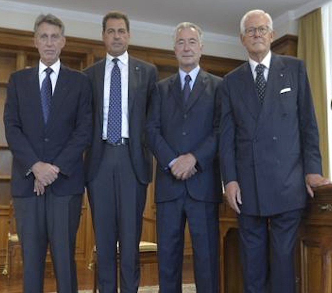 Processo d'appello BPVi: da sinistra Marino Breganze, Samuele Sorato, Gianno Zonin (presidente) e Andrea Monorchio (vice) - foto di archivio