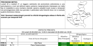 Meteo Veneto, Dichiarata Fase di Attenzione per Alto Piave: possibili temporali sulle Dolomiti. Le previsioni fino a venerdì 24 giugno fase attenzione