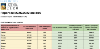 Covid Veneto 27/7: 8438 casi, VI 1427 PD 1563 TV 1588 VE 1540 VR 1446 BL 286 RO 434. Morti 8 (-7), in intensiva 24 (-5), in medica 762 (-24) Dati casi Covid per provincia in Veneto al 27 luglio ore 8
