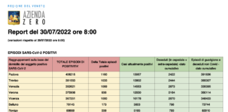 Covid Veneto 30/7: 5.868 casi, VI 1060 PD 1160 TV 1033 VE 1.069 VR 936 BL 173 RO 338. Morti 5 (-5), in intensiva 21 (-2), in medica 754 (-32) Dati casi Covid per provincia in Veneto al 30 luglio ore 8