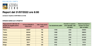 Covid Veneto 31/7: 4.296 casi, VI 723 PD 792 TV 796 VE 732 VR 729 BL 172 RO 206. Morti 1 (-4), in intensiva 21 (=), in medica 733 (-21) Dati casi Covid per provincia in Veneto al 31 luglio ore 8
