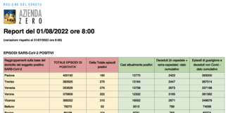 Covid Veneto 1/8: 1.465 casi, VI 318 PD 185 TV 276 VE 276 VR 222 BL 53 RO 104. Morti 3 (+2), in intensiva 25 (+4), in medica 735 (-2) Dati casi Covid per provincia in Veneto al 1 agosto ore 8