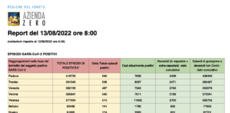 Covid Veneto 13/8: 2.999 casi (-205), VI 515 PD 540 TV 536 VE 487 VR 540 BL 141 RO 174, 26 (+2) intensiva, 554 medica (-28), morti 7 (=), vaccini 3157 Dati casi Covid per provincia in Veneto al 13 agosto ore 8