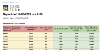 Covid Veneto 14/8: 2.236 casi (-623), VI 461 PD 432 TV 425 VE 393 VR 418 BL 95 RO 125, 25 (-1) intensiva, 542 medica (-12), morti 5 (-2), vaccini 989 Dati casi Covid per provincia in Veneto al 14 agosto ore 8