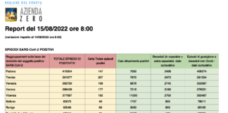 Covid Veneto 15/8: 1.029 casi (-623), VI 192 PD 147 TV 207 VE 168 VR 177 BL 40 RO 68, 25 (=) intensiva, 531 medica (-11), morti 5 (=) Dati casi Covid per provincia in Veneto al 15 agosto ore 8