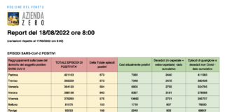 Covid Veneto 18/8: 3.477 casi, VI 676 PD 673 TV 573 VE 594 VR 643 BL 153 RO 188, morti 9 (+5), intensiva 24 (+2), medica 538 (+2), vaccini 1.778 Dati casi Covid per provincia in Veneto al 18 agosto ore 8