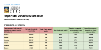 Covid Veneto 20/8: 3.035 casi, VI 560 PD 570 TV 458 VE 496 VR 585 BL 142 RO 168. Morti 5 (-2), intensiva 25 (+1), medica 533 (-5) Dati casi Covid per provincia in Veneto al 20 agosto ore 8