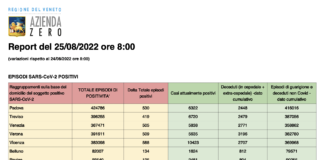 Covid Veneto 25/8: 2.851 casi, VI 588 PD 530 TV 419 VE 505 VR 509 BL 134 RO 125. Morti 1 (-4), intensiva 14 (-1), medica 470 (=), vaccini 1.387 (-48) Dati casi Covid per provincia in Veneto al 25 agosto ore 8