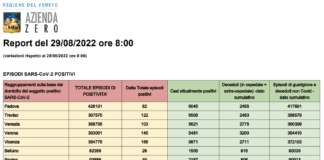 Covid Veneto 29/8: 2.049 casi (-1360). VI 166, PD 82, TV 122, VE 103, VR 145, BL 26, RO 40. Morti 3 (-2), 19 (=) in intensiva, 410 medica (-21) Dati casi Covid per provincia in Veneto al 29 agosto ore 8