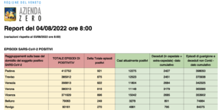 Covid Veneto 4/8: 4.960 casi, VI 896 PD 921 TV 875 VE 822 VR 816 BL 249 RO 270. Morti 7 (+2), in intensiva 32 (-4), in medica 717 (-21) Dati casi Covid per provincia in Veneto al 4 agosto ore 8