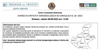 Meteo Veneto: prolungato lo stato di attenzione per criticità idrogeologica fino a domani 7 agosto in zone montane e pedemontane Meteo Veneto