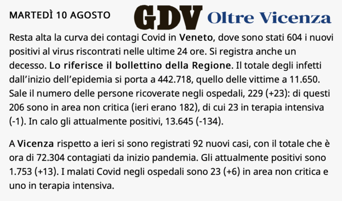 Il report online del GdV sui dati covid a Vicenza del 10 agosto 2021