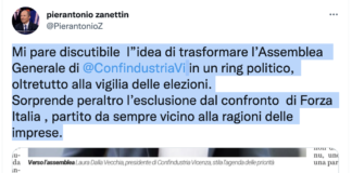 Forza Italia non invitata da Confindustria Vicenza: il pluriparlamentare locale Zanettin “denuncia”. E GdV lamenta scarso peso di Vicenza a Roma anche se…