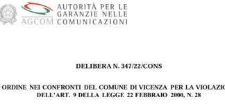 Comune di Vicenza e AGCOM: comunicazione di non rispondenza all’art.9 Legge 22 febbraio 2000 n. 28 Agcom, delibera contro il Comune di Vicenza