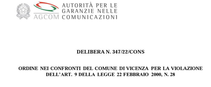 Agcom, delibera contro il Comune di Vicenza