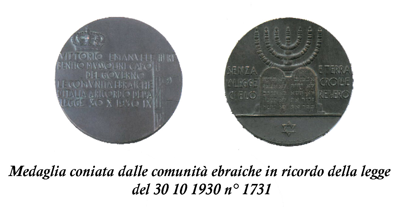 Medaglia coniata dalle comunità degli ebrei in ricordo del Regio decreto del 30 ottobre 1930 n. 1731