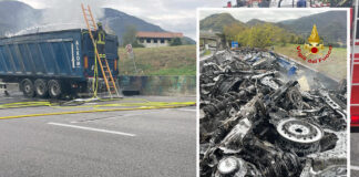 Camion in fiamme sulla Ss 47 a Pove del Grappa, illeso l’autista camion in fiamme pove del grappa vigili del fuoco